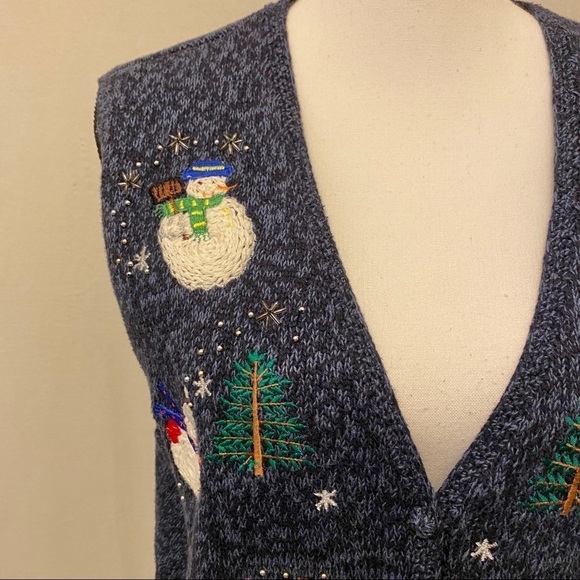 Christmas Sweater Vest, Womens XL, Blue, Holiday, Snowman, Embellished, Buttoned - Picture 5 of 7